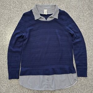 Faded Glory Sweater Collar Shirt Womens M Striped Navy Blue Long Sleeve 2 in 1